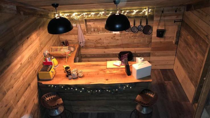 Kitchen bar in the cabin at Campfires & Stars, a glamping site in the Cotswolds, Oxfordshire